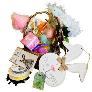 NWT Easter Crafts in vintage basket Spring eggs bunnies chicks ribbon flowers